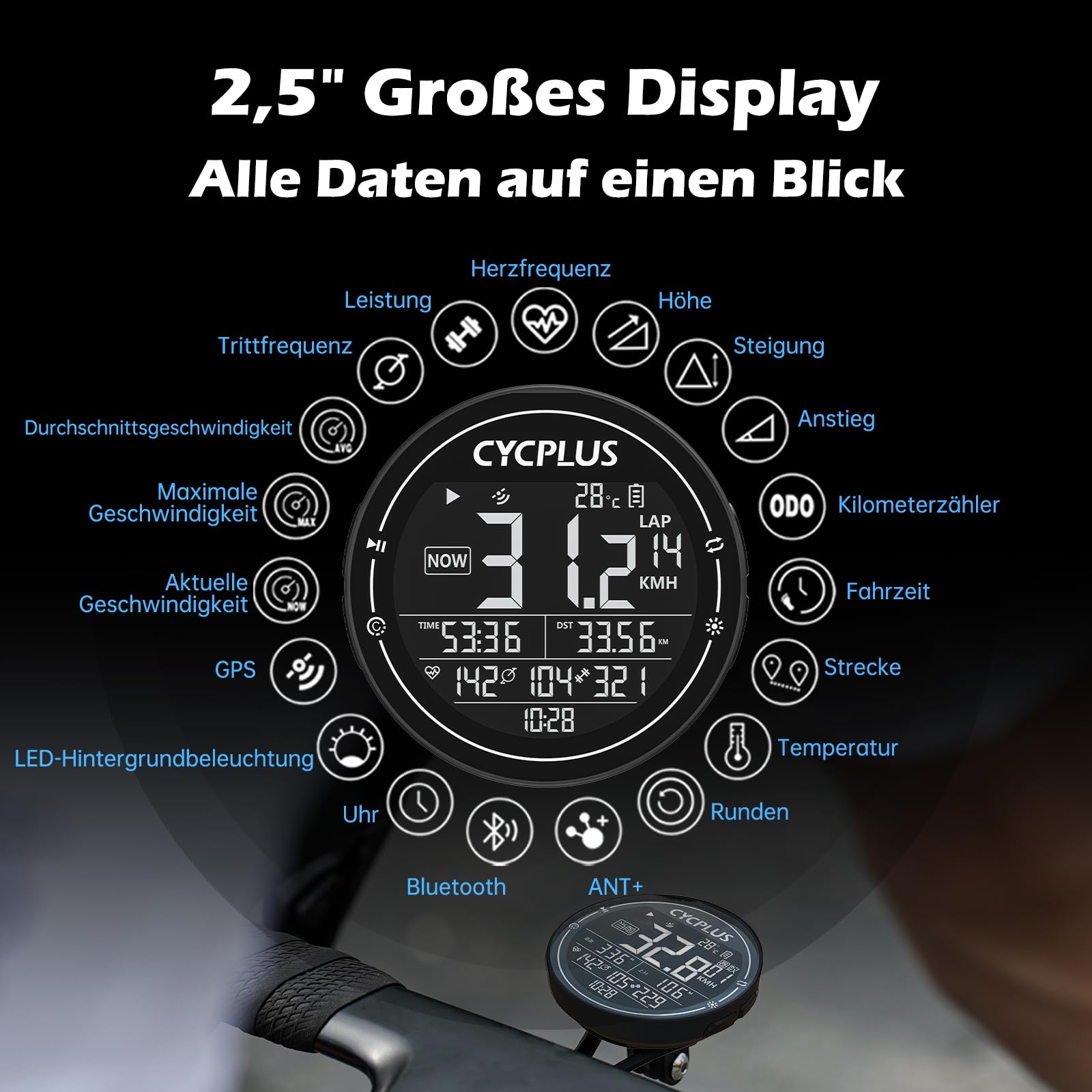CYCPLUS Fahrradcomputer GPS Fahrradtacho Kabellos, Wasserdicht IPX6 Fahrrad Computer ANT+ Drahtloser Radcomputer, Rennrad Bluetooth 5.0 und Kilometerzähler, kompatible mit Strava (Neu Aufgerüstet)