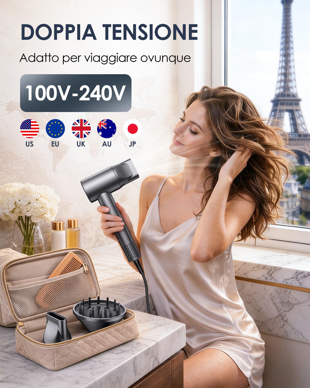 Bopcal Phon Capelli Professional con Ionico, Asciugacapelli da Viaggio 100-240V, 170.000 giri/min High-Speed Asciugacapelli con 500 Milioni di Ionico Negativi, Anti-Crespo, come Regalo ZCY891-M