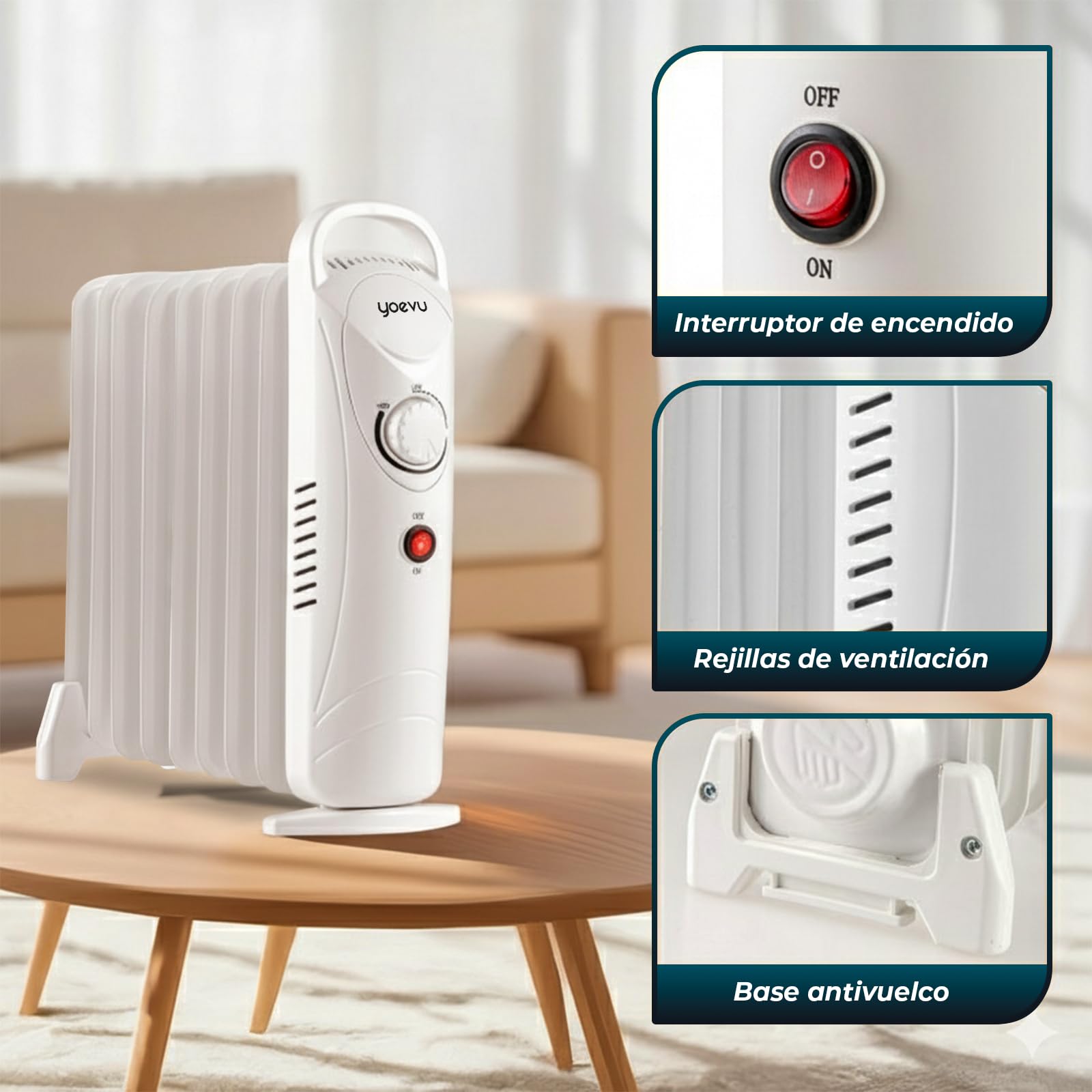YOEVU | Radiador de aceite | 1000W, 9 elementos, blanco, 42x13x42cm | Protección contra sobrecalentamiento, diseño compacto, eficiencia energética | Calefacción portátil