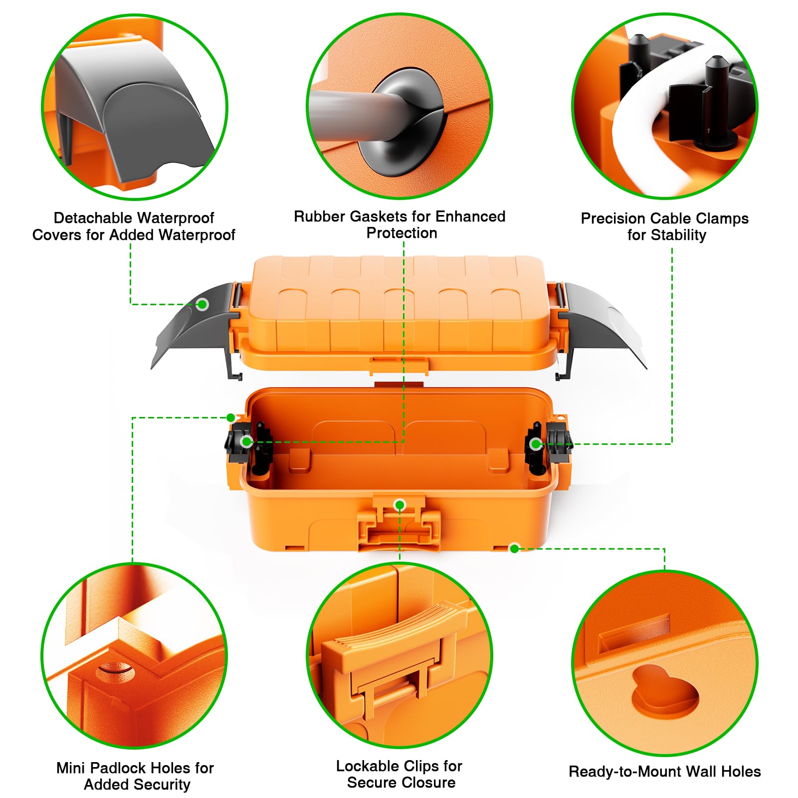 Flemoon Confezione da 2 scatole elettriche impermeabili con coperture staccabili, copertura per cavo di prolunga impermeabile IP55 per spina, uscita, Halloween, Natale, vacanze, luci stringa arancione