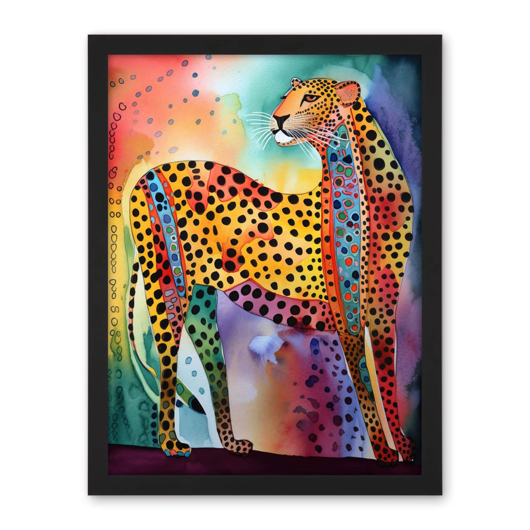 Artery8 Colourful Cheetah Folk Art Watercolour Painting Artwork Framed Wall Art Print 18X24 Inch
