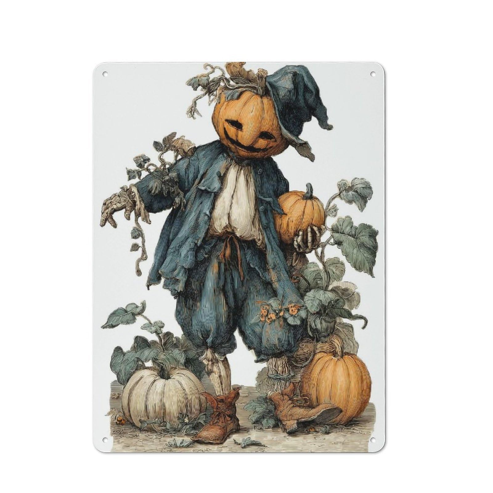 Junmoney Vintage Halloween Pumpkin Scarecrow Illustrat Ion Vintage Tin Sign 40X30cm For Hobby Room Or Studio, A New Home Present For Creative Interior Collectors