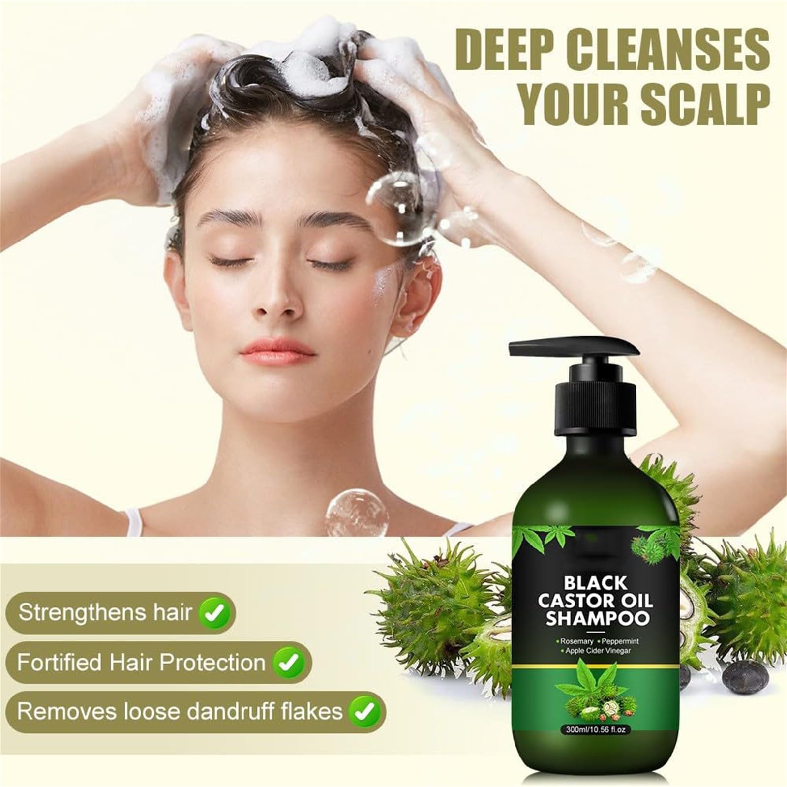 Champú de aceite de ricino negro, champú suavizante con control de aceite, repara el cabello seco dañado, da volumen para cabello fino, reduce el encrespamiento, mejora el brillo (2pcs)
