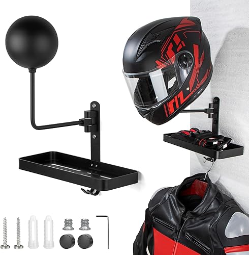 PUERSI Soporte de pared para casco con estructura, rotación de 180, estante de almacenamiento para casco de motocicleta, bicicleta, carreras, ropa