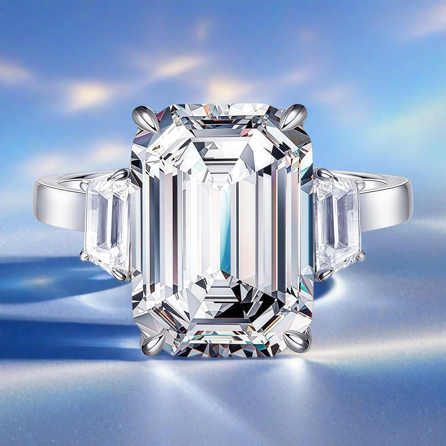 10CT Emerald Cut Moissanite Hypoallergenic Engagement Wedding Eternity Ring for Women Man Promise Anniversary Birthday Band Jewelry Gift 18K Golden Plated 925 Sterling Silver