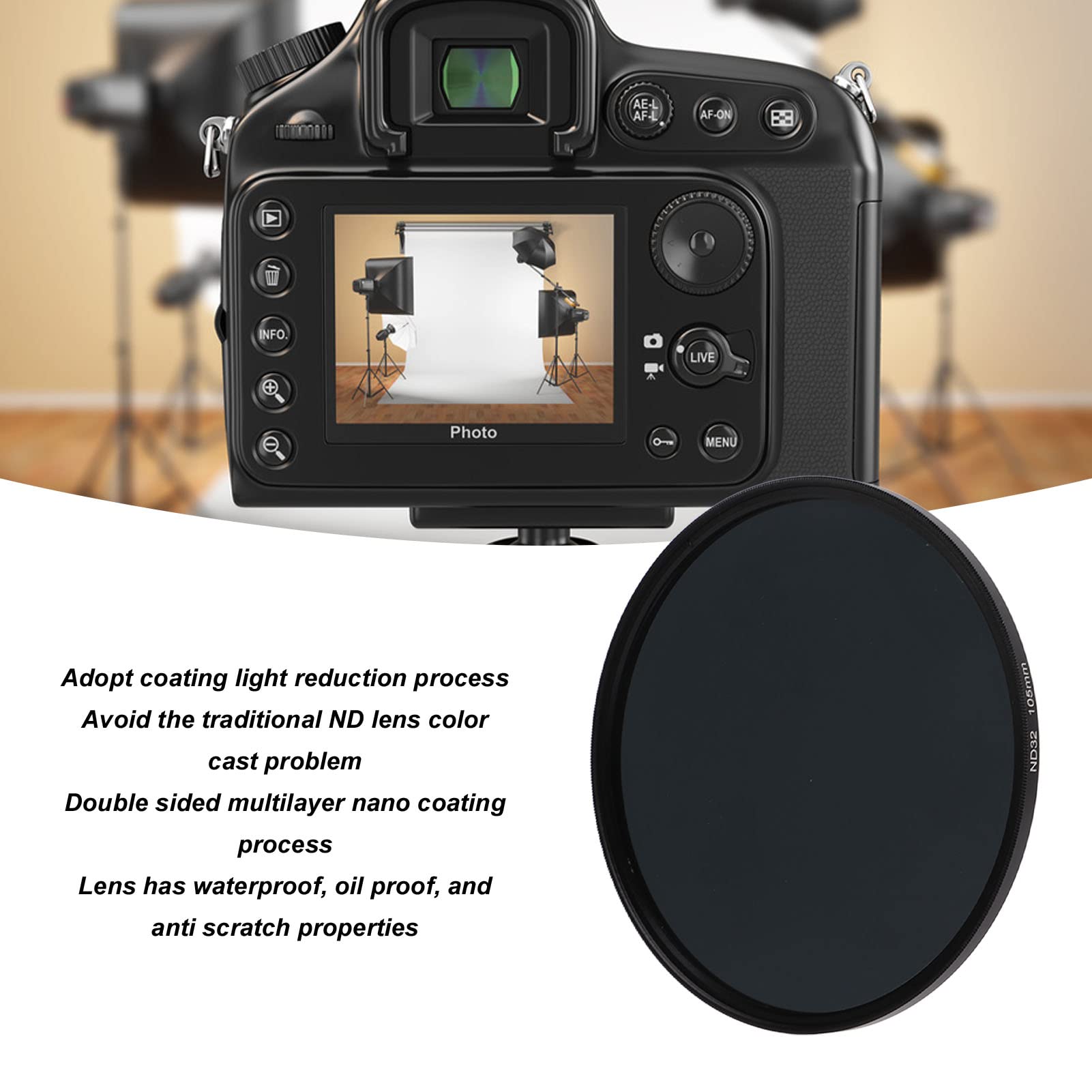 Akozon Filtri per Obiettivi ND da 105 Mm Filtri per Obiettivi a Densità Neutra Filtro ND Multistrato con Obiettivo in Vetro Ottico per Fotocamere Digitali(ND32)