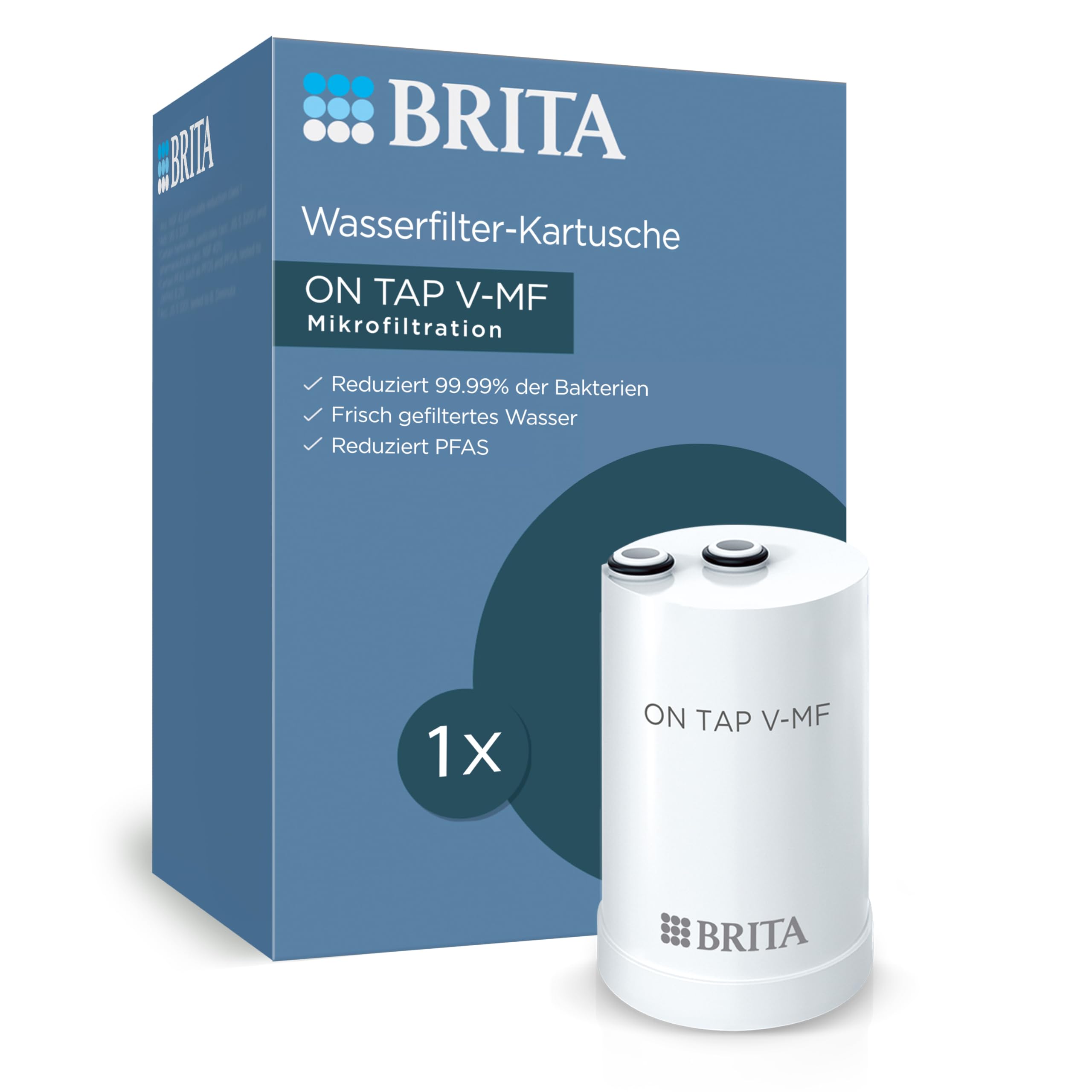 BRITA Filterkartusche ON TAP V-MF für ON TAP Pro V-MF Wasserfilter für den Wasserhahn (600l) - Ersatzkartusche reduziert 99,99% Bakterien, Chlor, Mikroplastik und Metalle wie Blei und Kupfer