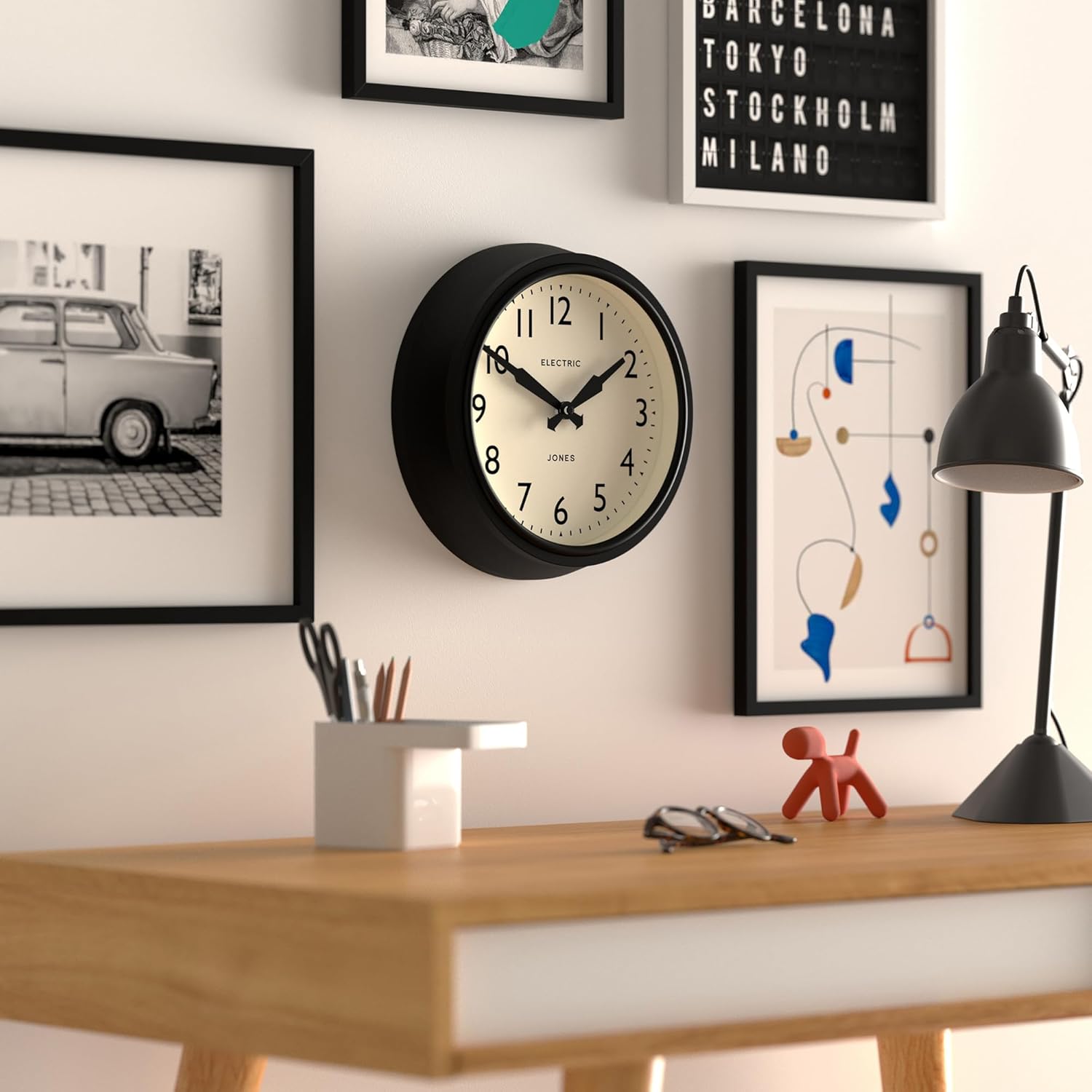 JONES CLOCKS® Telecom wall Clock | Round Vintage Retro Clock | 10.5 inch | Black | Modern take on a Vintage Classic for Kitchen, Living Room or Office