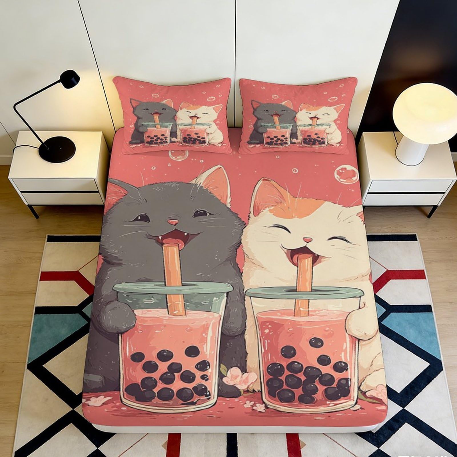 Pnayamiorkfel Style-6 3D Printed Bubble Tea Cat Fitted Sheet Microfiber Non Slip Cute Cartoon Bed Cover For Bedroom Guest Room Decor 90X200x25cm