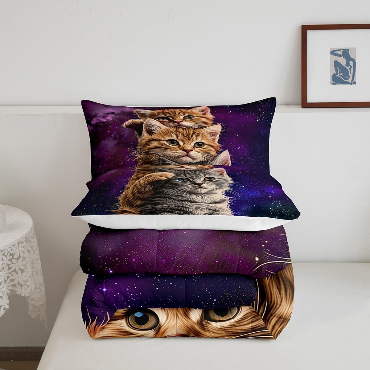Cat Duvet Insert,Cute Pet Cats Pattern Bedding Set,Outer Space Kawaii Kitten Comforter Set For Child Kid Boys Girls,Cartoon 3D Animal Theme Down Comforter,Purple Galaxy Room Decor Quilt Comforter Full