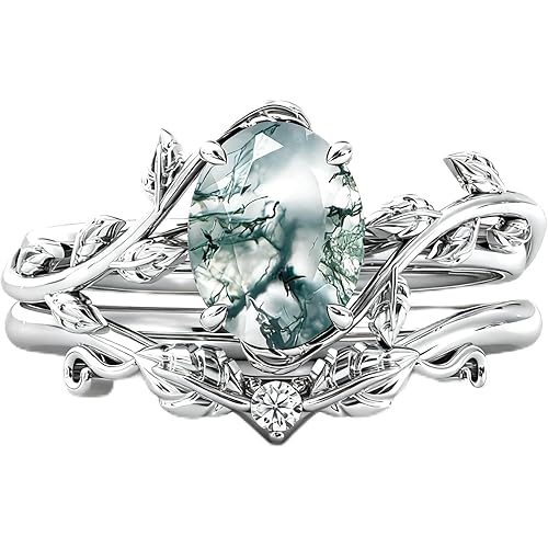 Seiyang Natural Moss Agate Ring 925 Sterling Silver Moss Agate Engagement Ring Set Promise Wedding Ring Jewelry Gift for Women