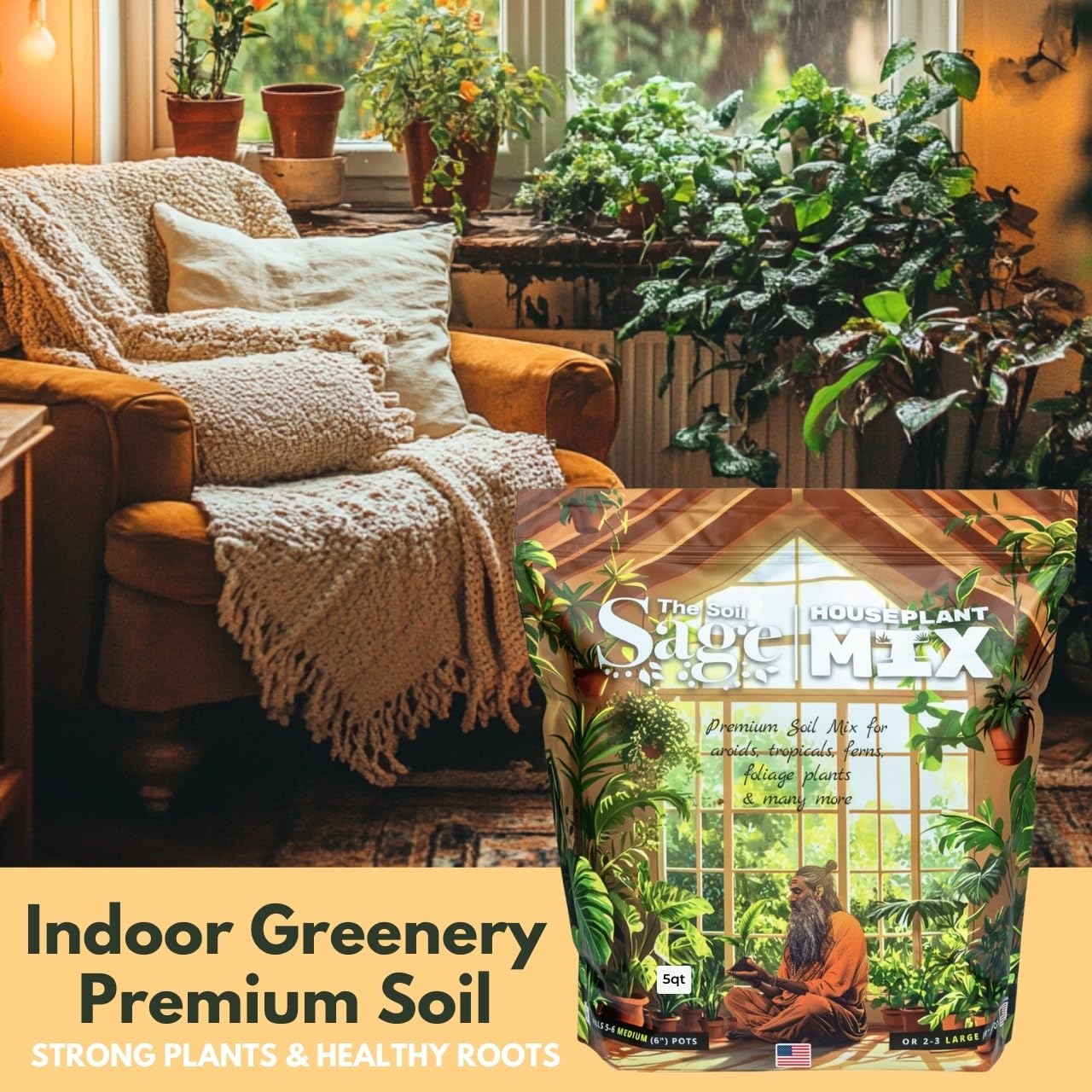 5 qt Premium Houseplant Soil & 10oz Mycorrhizae Powder Soil Booster - Ready to Use Potting Mix for Indoor Plants - U.S.A. Made Complete Nutrient-Rich Well-Draining Dirt - Coconut Coir, Composted Bark