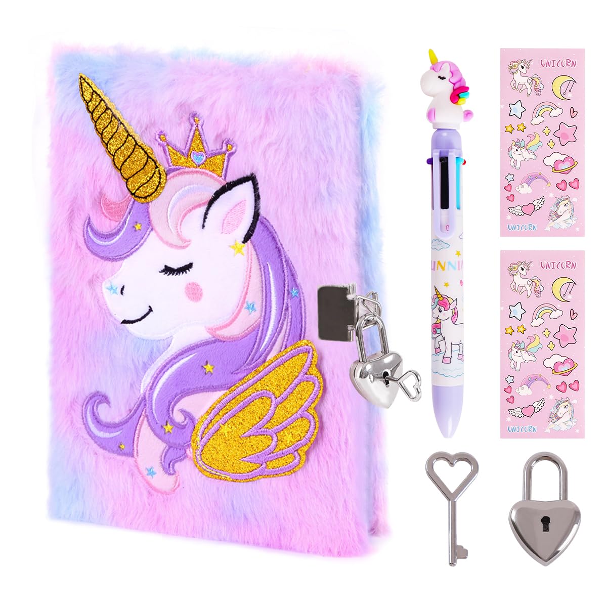 Unicorn Diary with Lock for Girls,Cute Plush Journal Notebook Set for Kid with Stickers,Fluffy Secret Notebook for Writing and Drawing Gifts for Girls ages 6-8