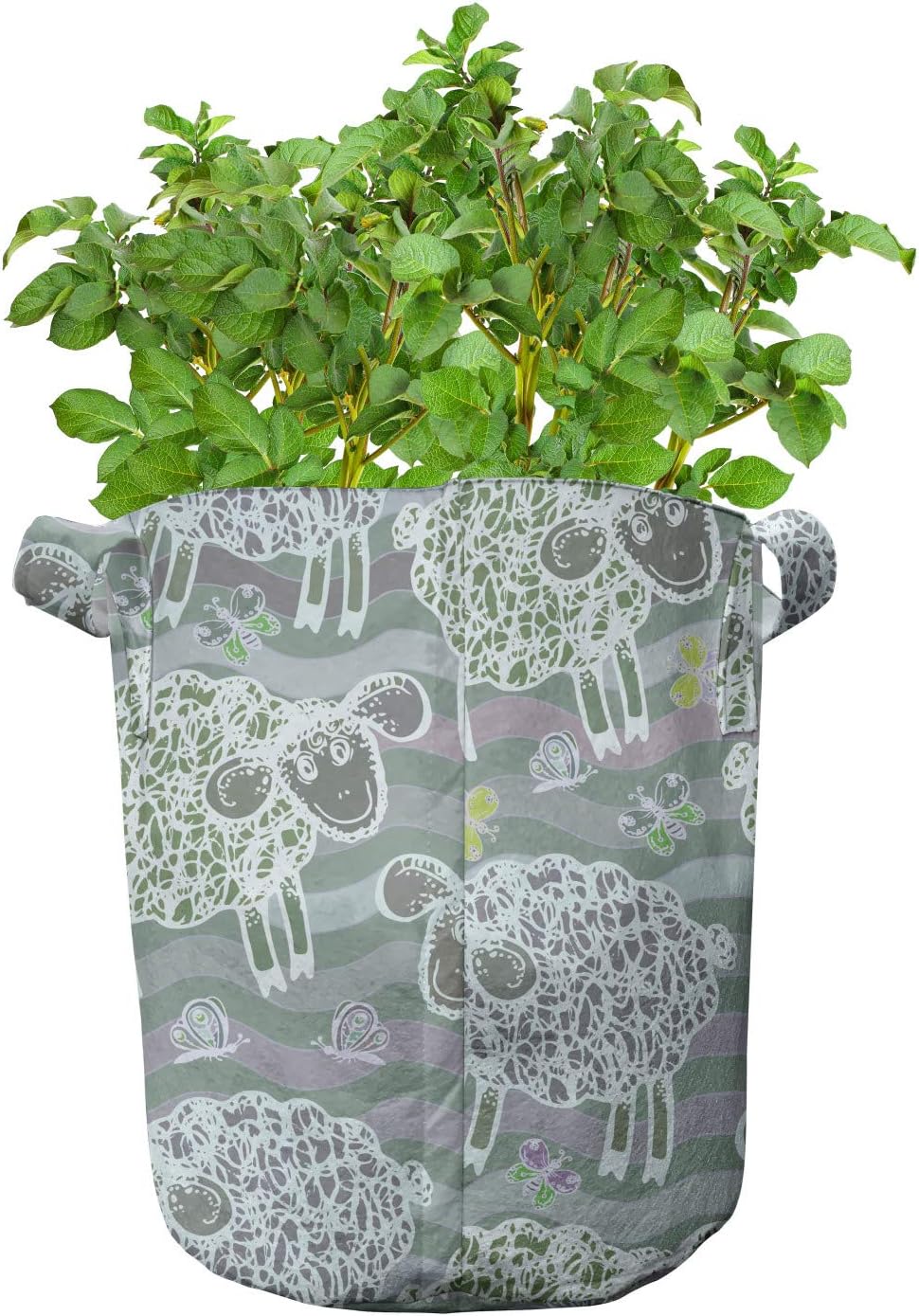 Ambesonne Animal Grow Bags 5-Pack, Scribbled Lambs Butterflies, Heavyduty Fabric Pots with Handles for Plants, Multicolor