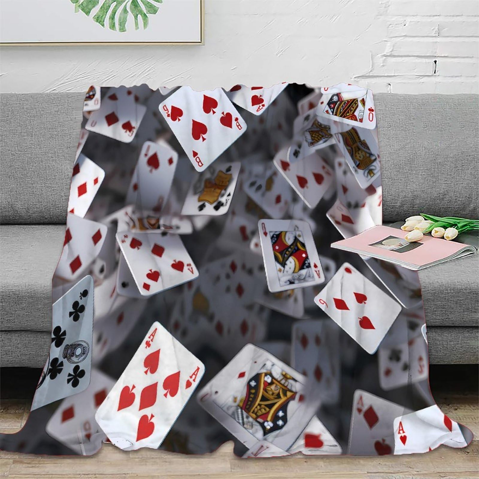 Couverture microfibre 150x200cm motif cartes à jouer pour lit et canapé