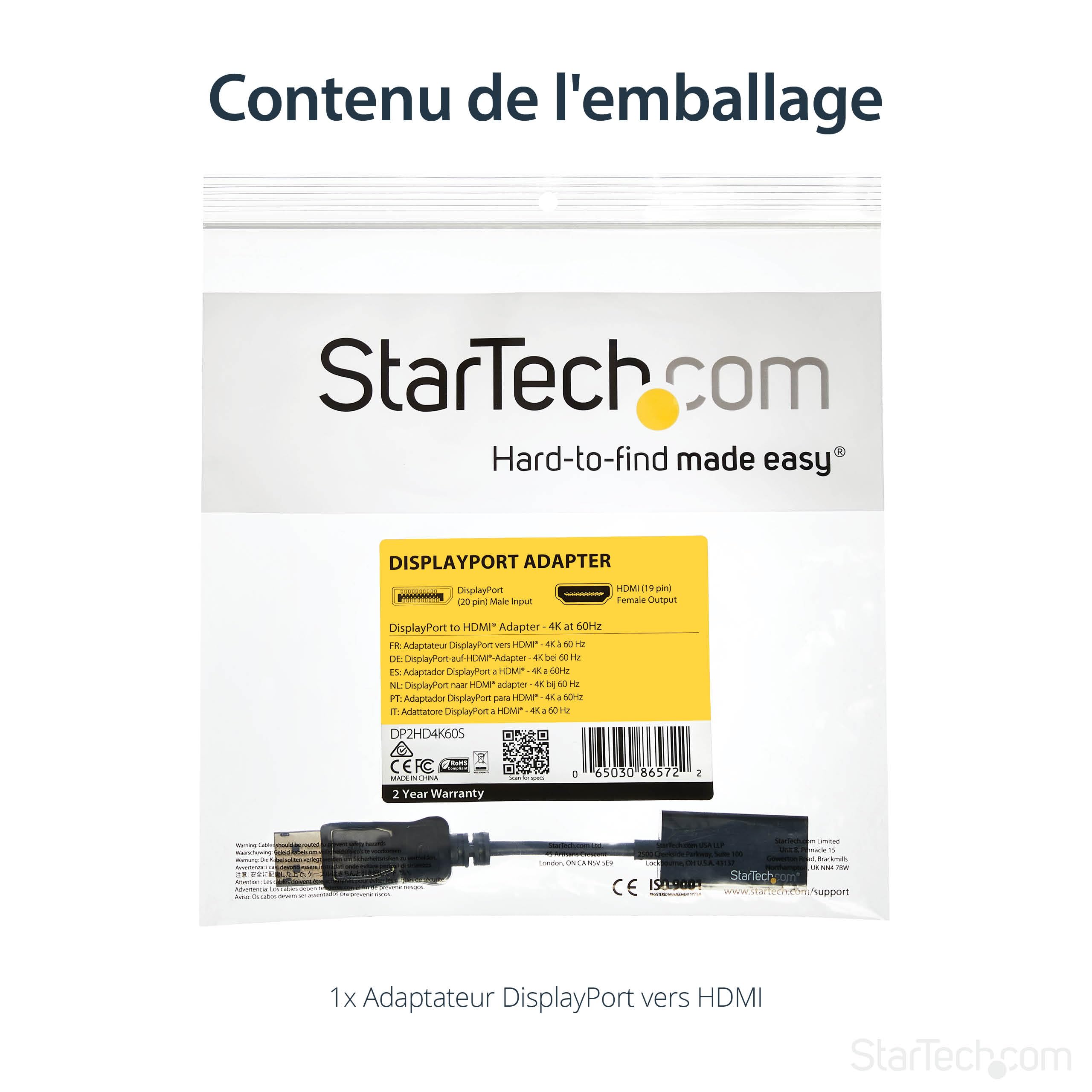 StarTech Adaptateur actif DisplayPort vers HDMI, 4K 60Hz, HDCP (DP2HD4K60S)