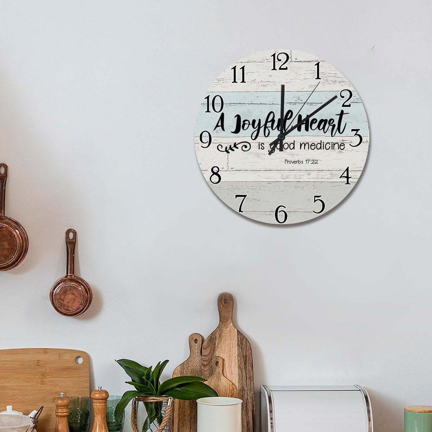 Bible Verse Wall Clock A Joyful Heart is Good Medicine Wooden Wall Clocks Battery Operated 15 Inch Silent Scripture Print Decor for Bedroom Living Room Farmhouse Wall Decor