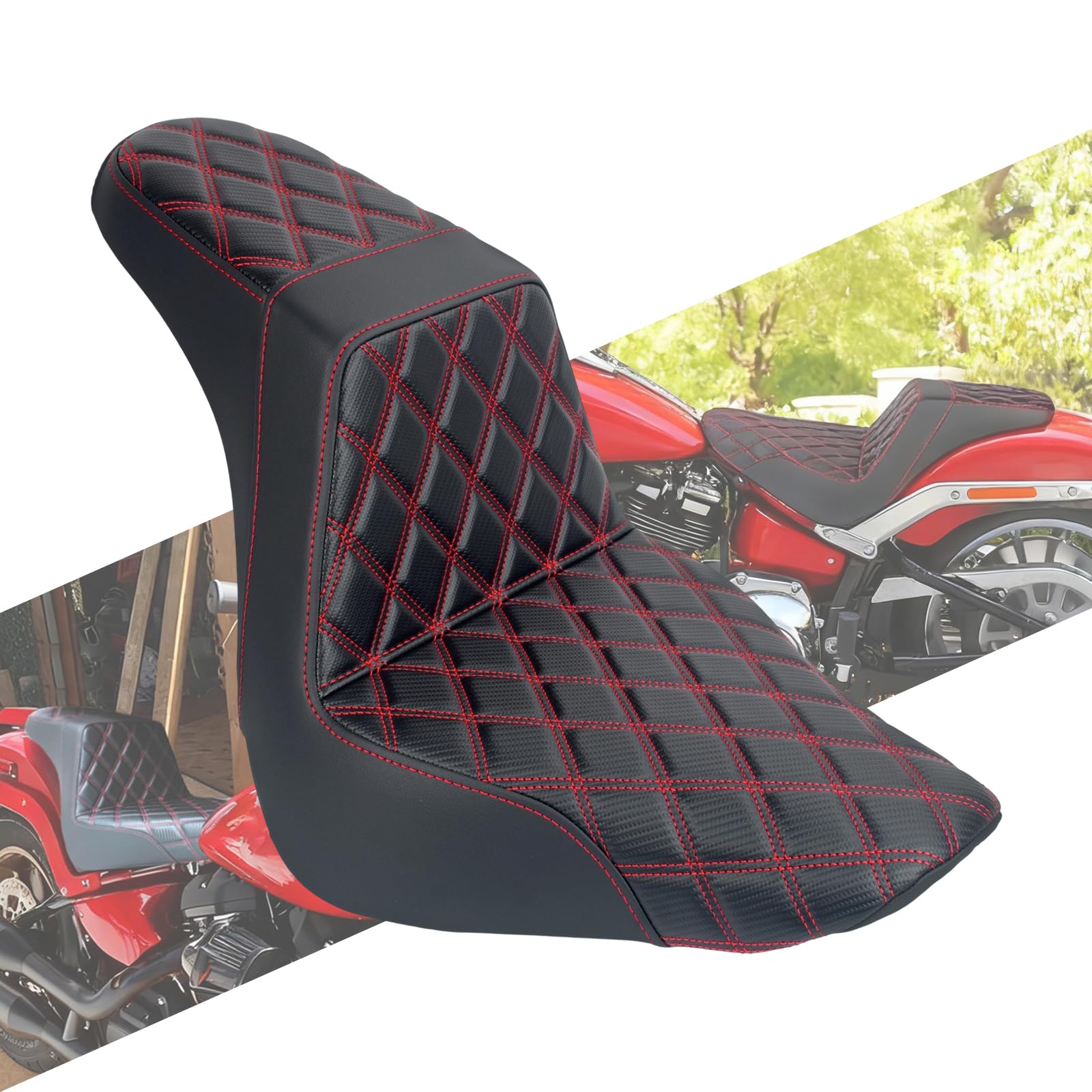 One-Piece Driver Passenger Seat Front Rear Cushion Fit For Harley Softail Fat Boy FLFB FLFBS 2018-2025 Breakout FXBR 2023-2025 (Red Stitching)