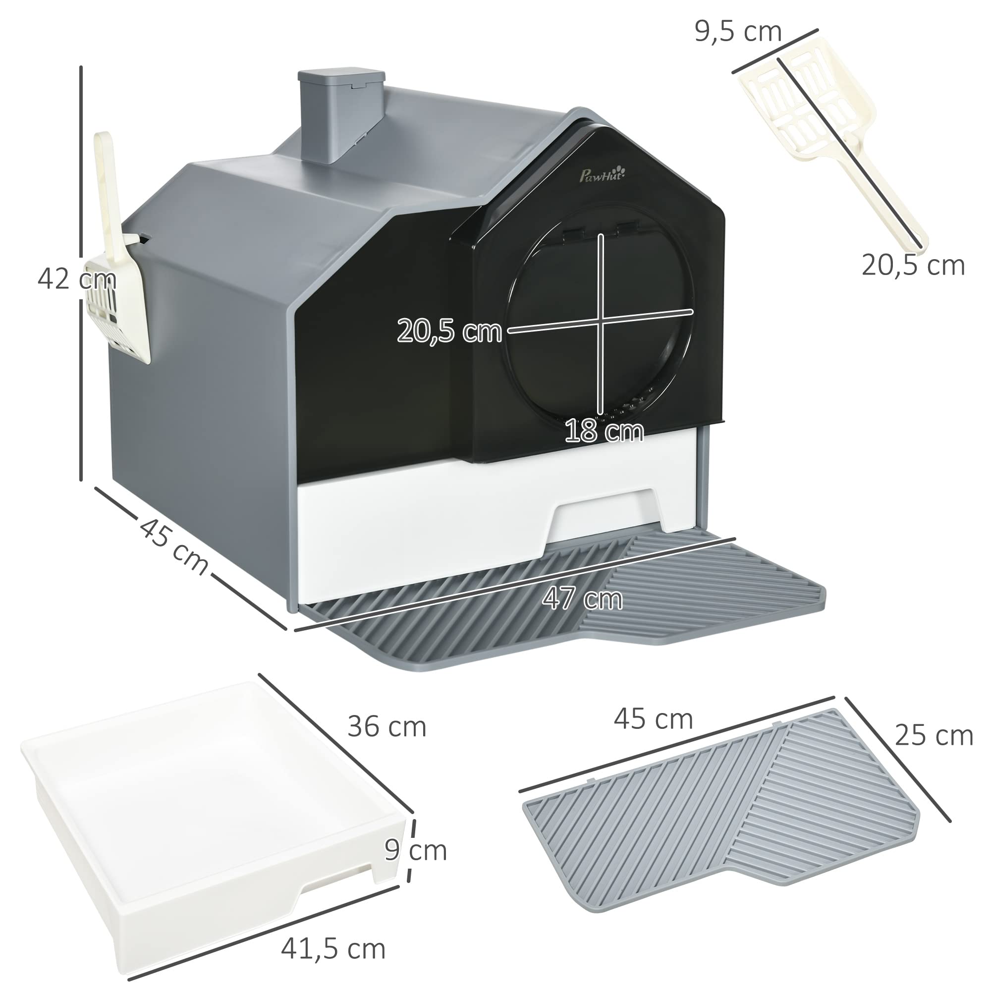 PawHut Arenero Cubierto para Gatos Bandeja Extraíble 47x45x42 cm Gris | Caja de Arena Cerrada para Gatos, Pala, Pedal Exterior, Filtro Desodorizante