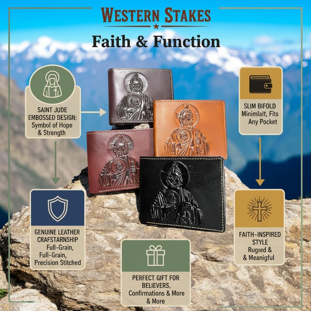 Minimalist Leather Wallet for Men – Saint Jude Embossed Bifold – Slim Western Religious Wallet - Image 3