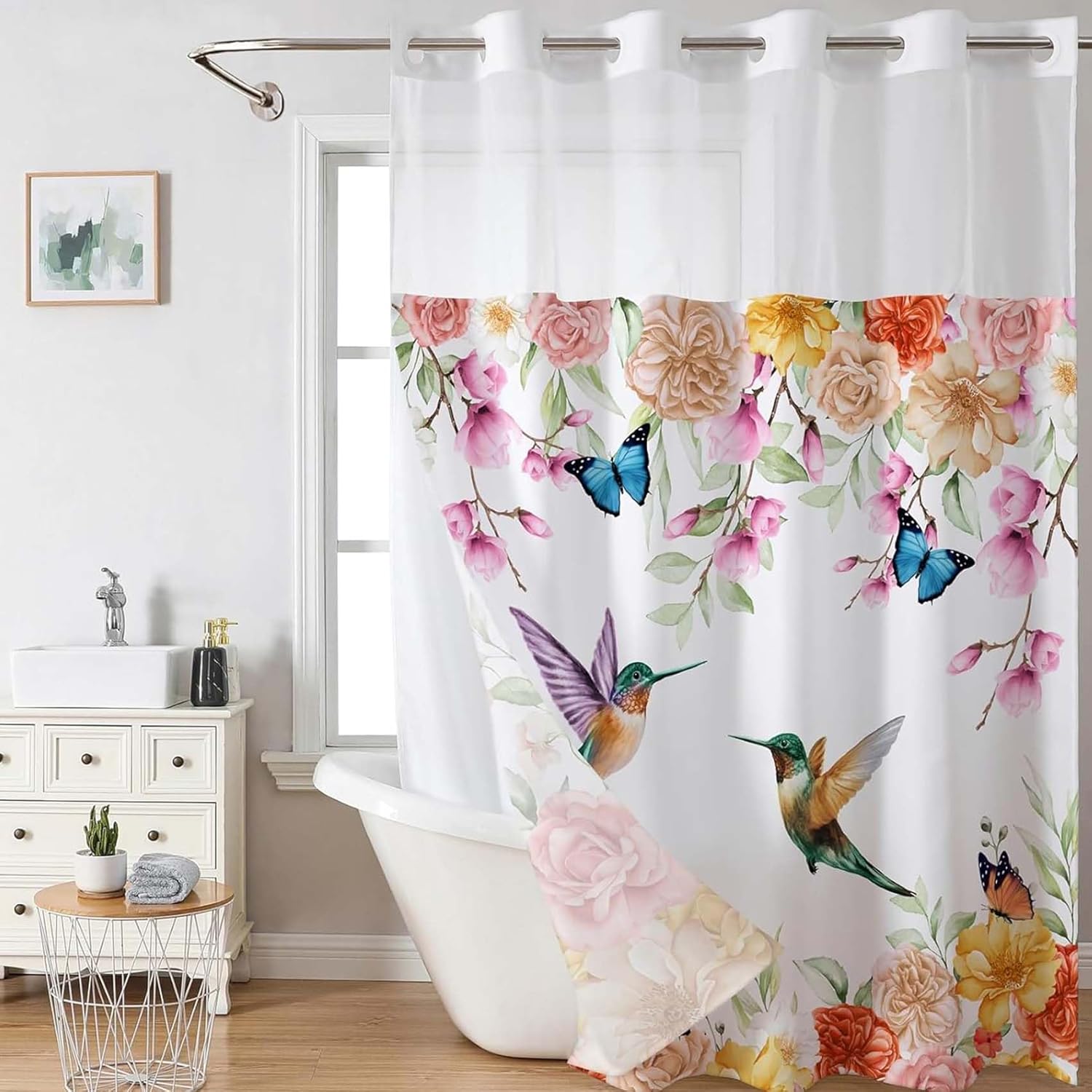 Floral Hummingbird No Hook Shower Curtain with Snap in Liner, Spring Flowers Butterflies Curtains for Bathroom, Fabric Inner, Watercolor Plants Bath Decorative, Machine Washable, 71 x 74