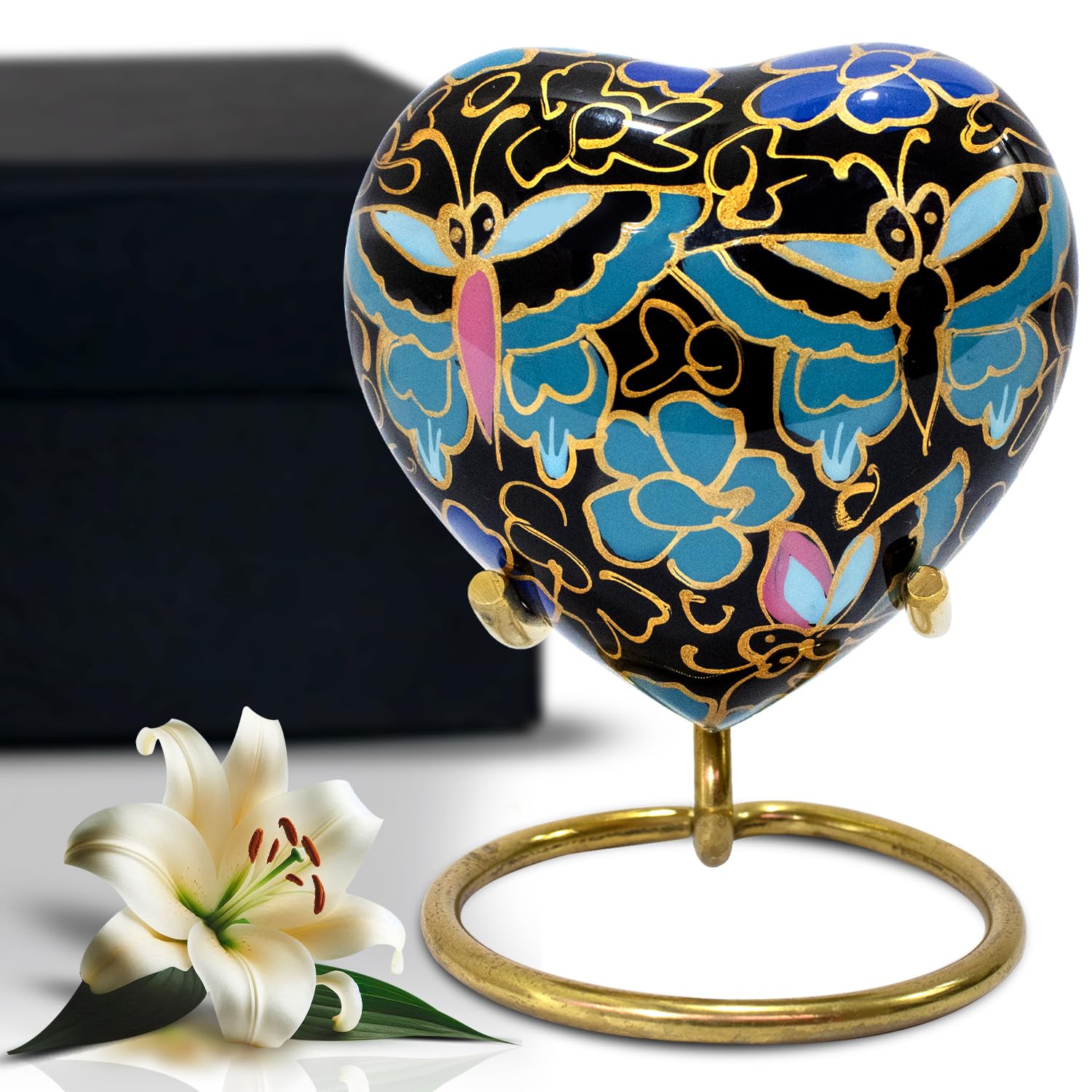 Butterfly Heart Urn Keepsake - Small Urns with Stand & Box - Honor Your Loved One with Heart Shaped Urns - Keepsake Urn for Adults & Infants (Black, Small)