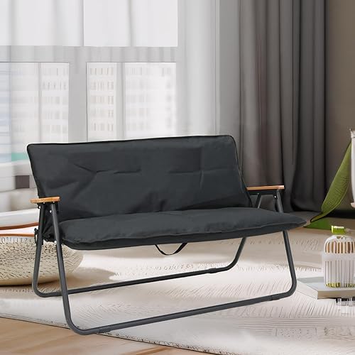 Miniatura 2 de Silla de camping de dos plazas con cojín desmontable, silla de camping doble plegable con reposabrazos para pesca al aire libre, viajes, césped,