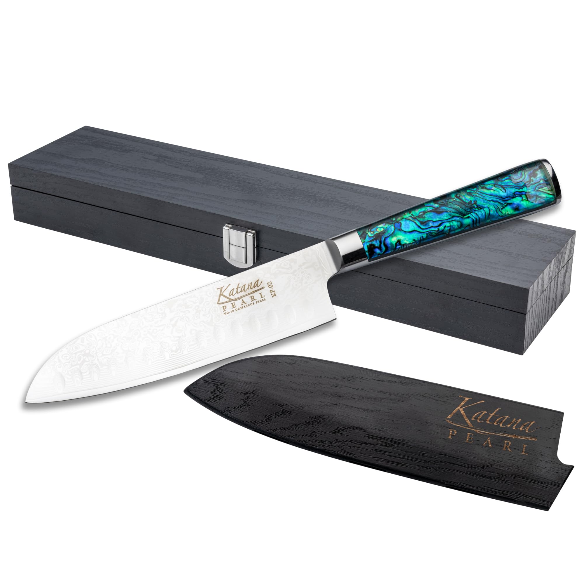 Katana Saya Pearl Blue Pearl 18Cm Santoku Knife, Japanese 67-Layer Vg-10 Damascus Stainless Steel, Acrylic Handle With Abalone Pattern, Kitchen Knife