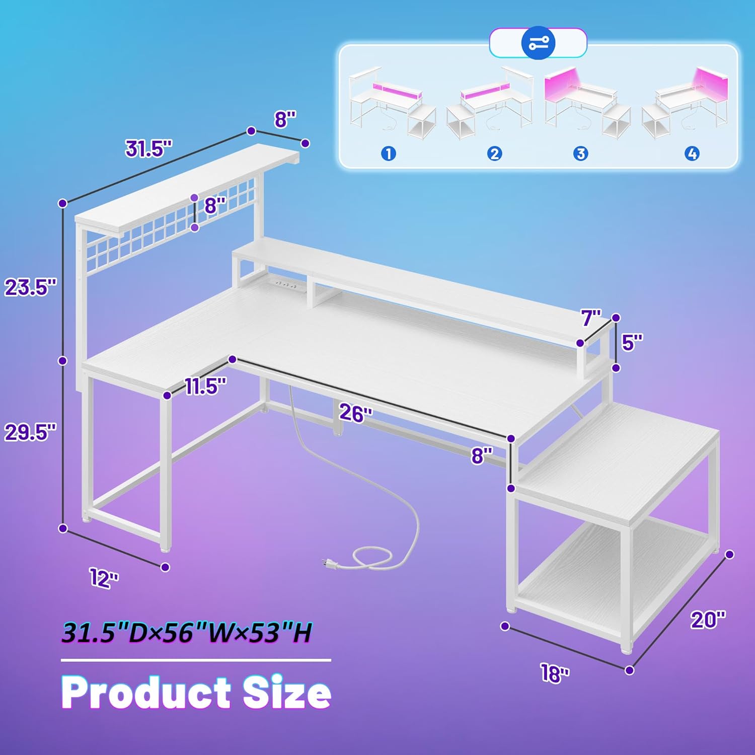 Detailed product dimensions of the DurayLoly L-Shaped Gaming Desk