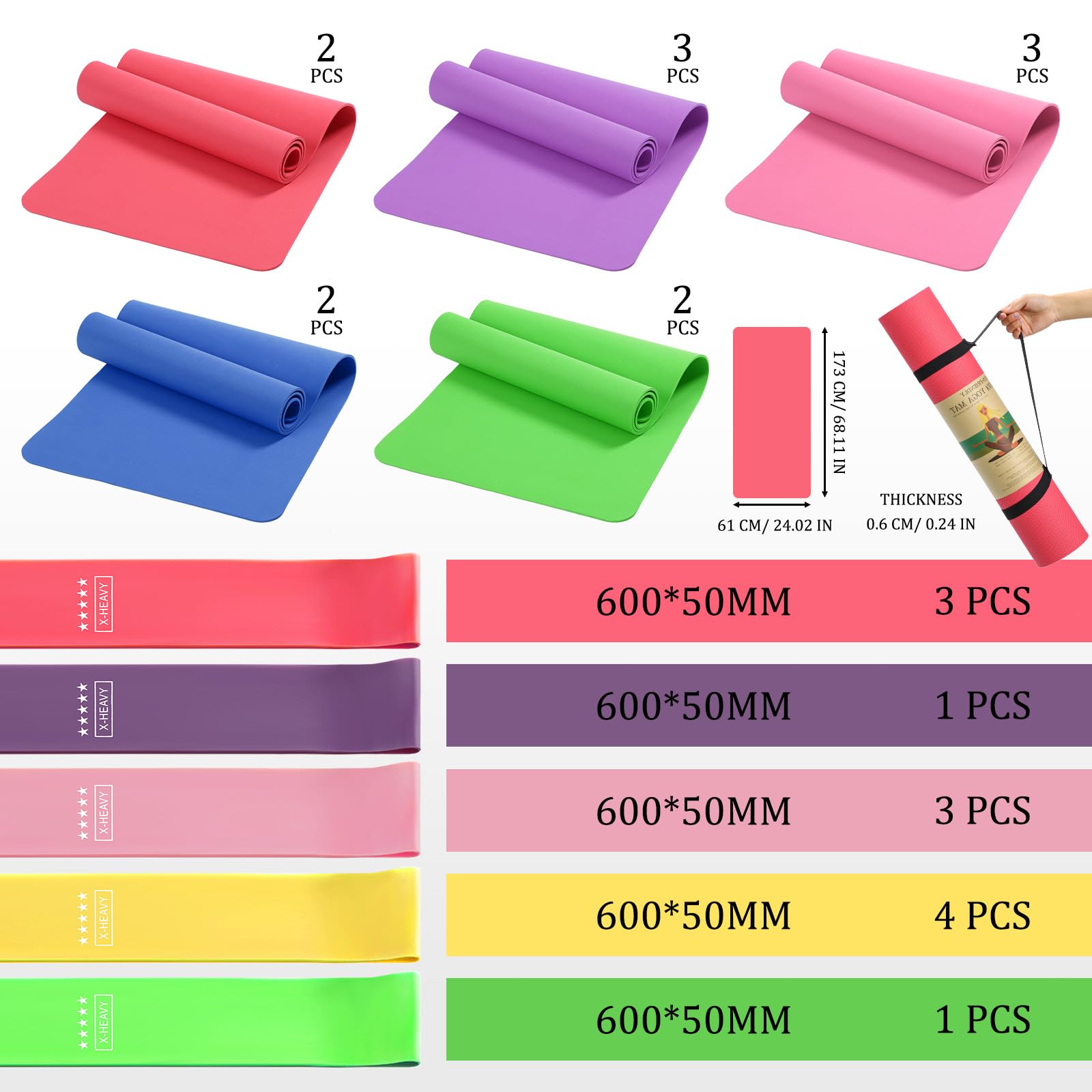 Hoolerry 36-teiliges dickes Yogamatten-Set enthält 12 Stück 68 x 24 x 6 mm dicke Übungsmatte, 12 Widerstandsbänder, 12 Tragegurte, Yogamatten in Großpackung für Fitnessstudio, Workout