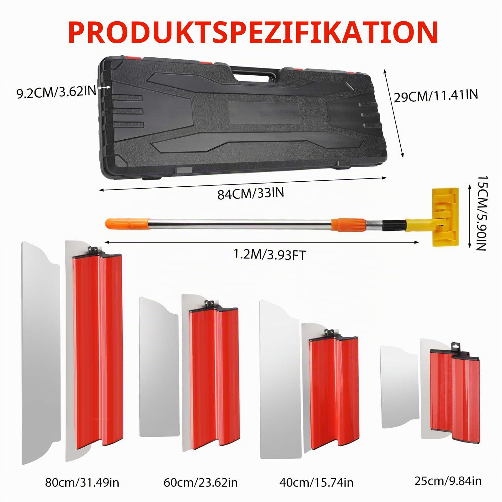Flächenspachtel Set mit Koffer, Edelstahl Spatel Werkzeug mit Teleskopstange und Adapter, 80/60/40/25 cm, Profi Spachtel für Große Arbeitsbereiche, Wanddekoration und Bau