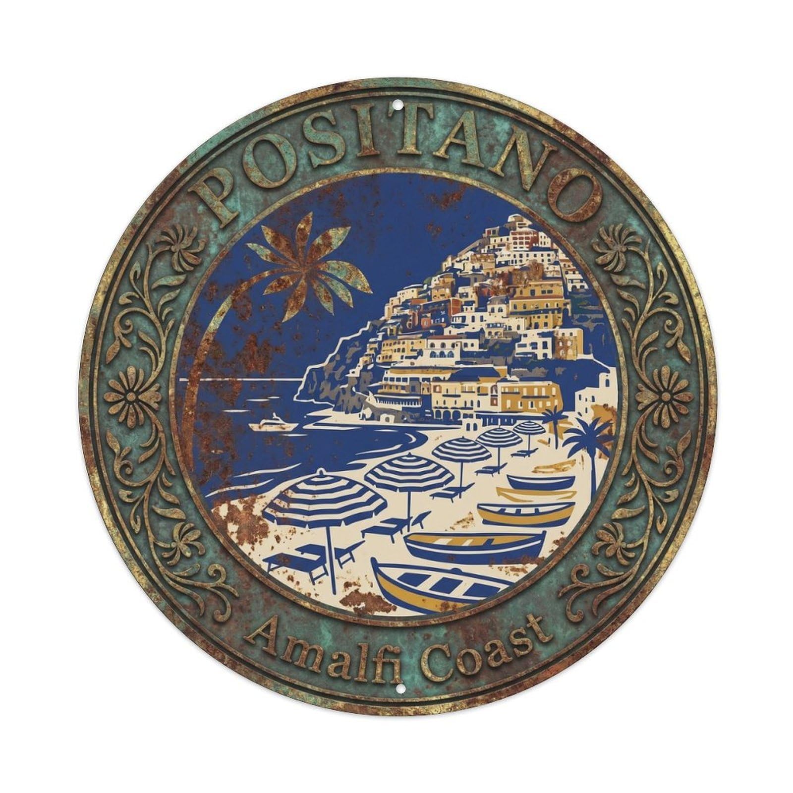 Italy Travel Positano Seaside Antique Italian Riviera Metal Tin Sign Plaque Wall Decor for Cafe, Man Cave, Club Bar, Office, Home Garden Round Metal Poster 8x8Inch