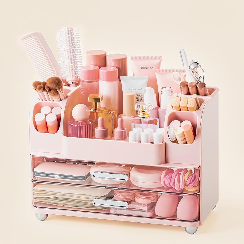 Organizador de maquiagem OVGJD com 2 suportes para pincéis e 2 gavetas, rosa