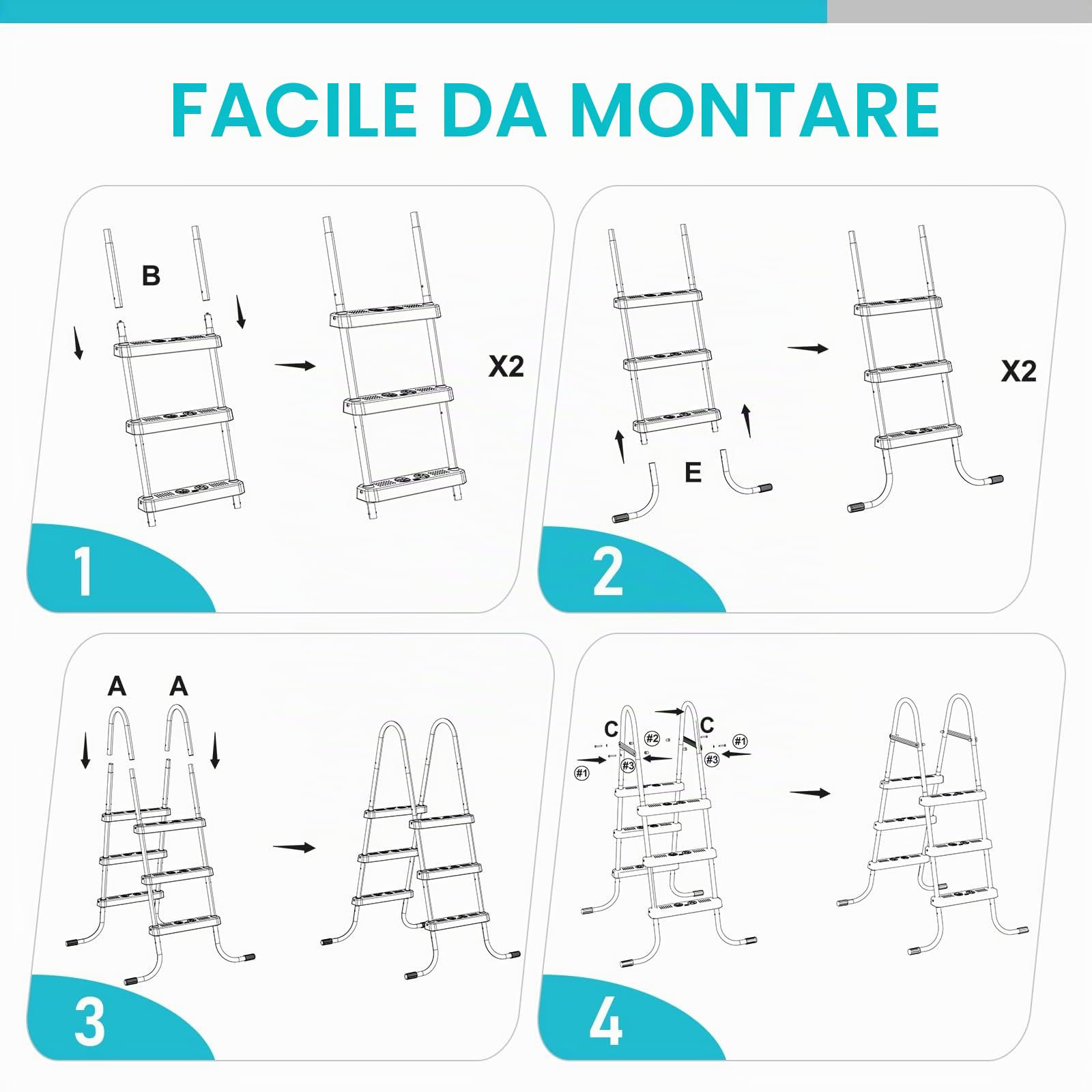 Bonnlo Scaletta per Piscina Fuori Terra in Metallo con Rivestimento Protettivo e Plastica, Scaletta Antiscivolo e Sicura per Bambini (79 x 88 x 134cm, 3)