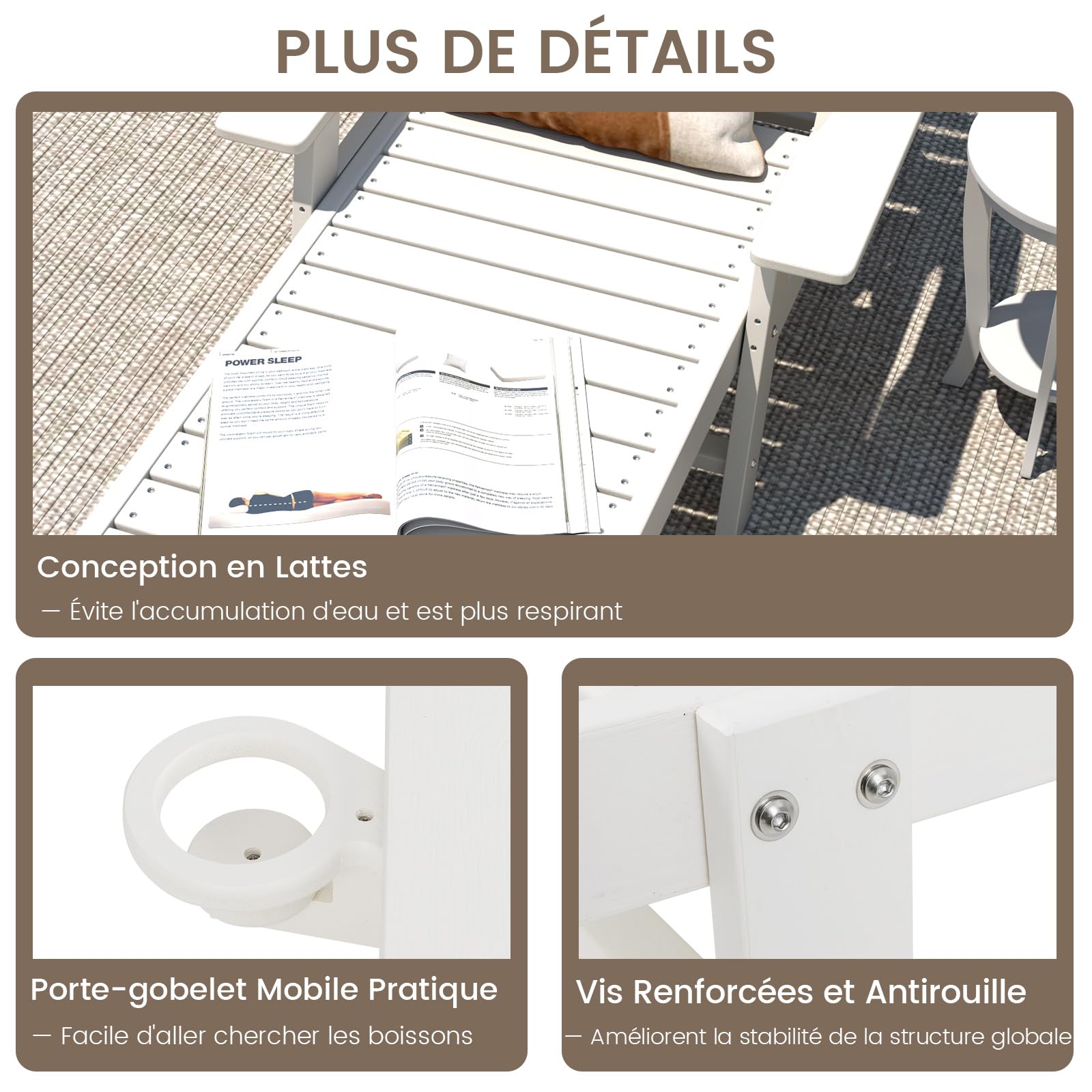 COSTWAY Bain de Soleil en HDPE Réglable sur 4 Niveaux, Blanc