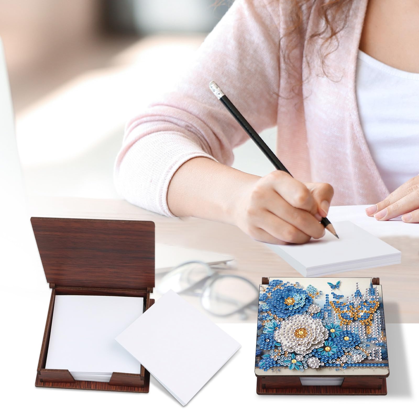 Boîte à Notes En Bois DIY Avec Diamants à Coller - Kit Créatif Pour Organisation Bureau Et Décoration