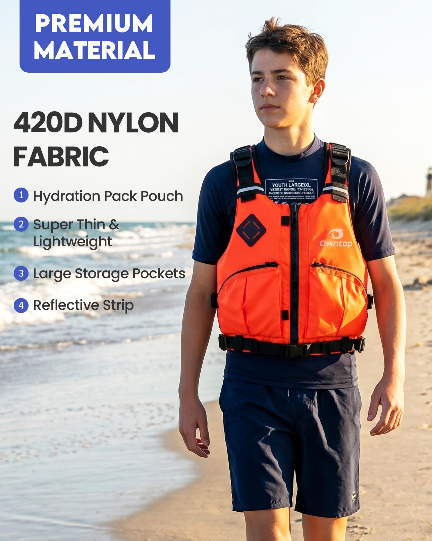Owntop Aiuto alla galleggiabilità per adulti con scomparto per tasca dell'acqua, doppie tasche con zip | Gilet galleggiante regolabile | Gilet da nuoto unisex per kayak, paddle e pesca