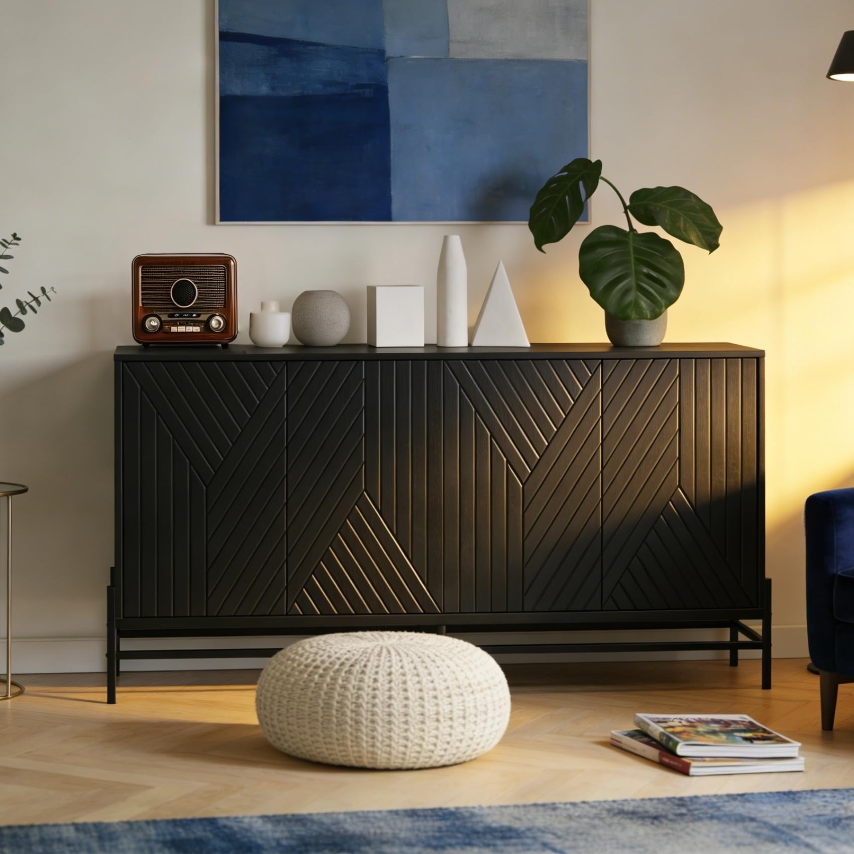 LFGUIZO Sideboard Buffet Cabinet with Storage, Geometric Lines Carved Buffet 4 Door Cabint, Modern Storage Cabinet with 2 Adjustable Shelves, Accent