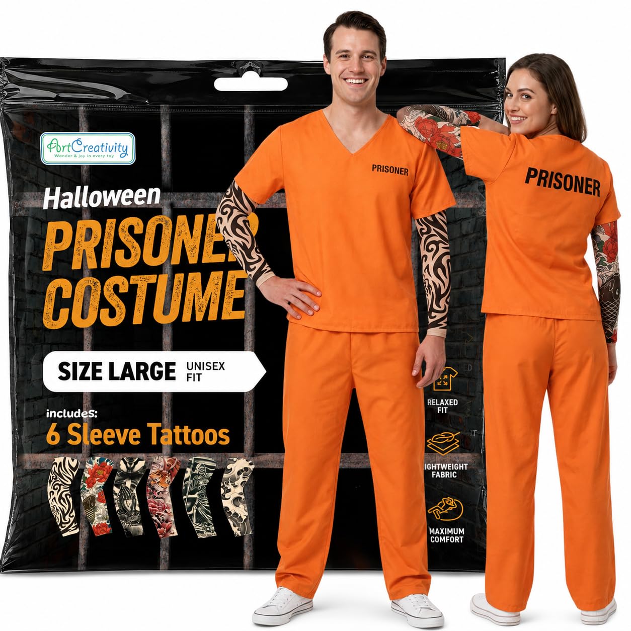 ArtCreativity Prisoner Costume with 6 Sleeve Tattoos - Halloween Convict Outfit for Adults, Sizes Medium & Large