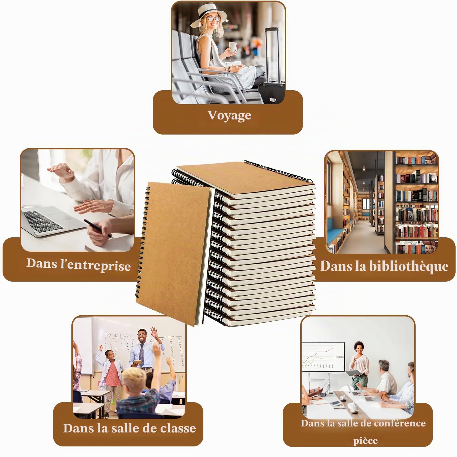 Carnet de notes A5 à spirale, lot de 24 cahiers lignés avec couverture kraft, 60 feuilles 80 g/m², bloc note A5 pour école, bureau, journal et prise de notes quotidienne