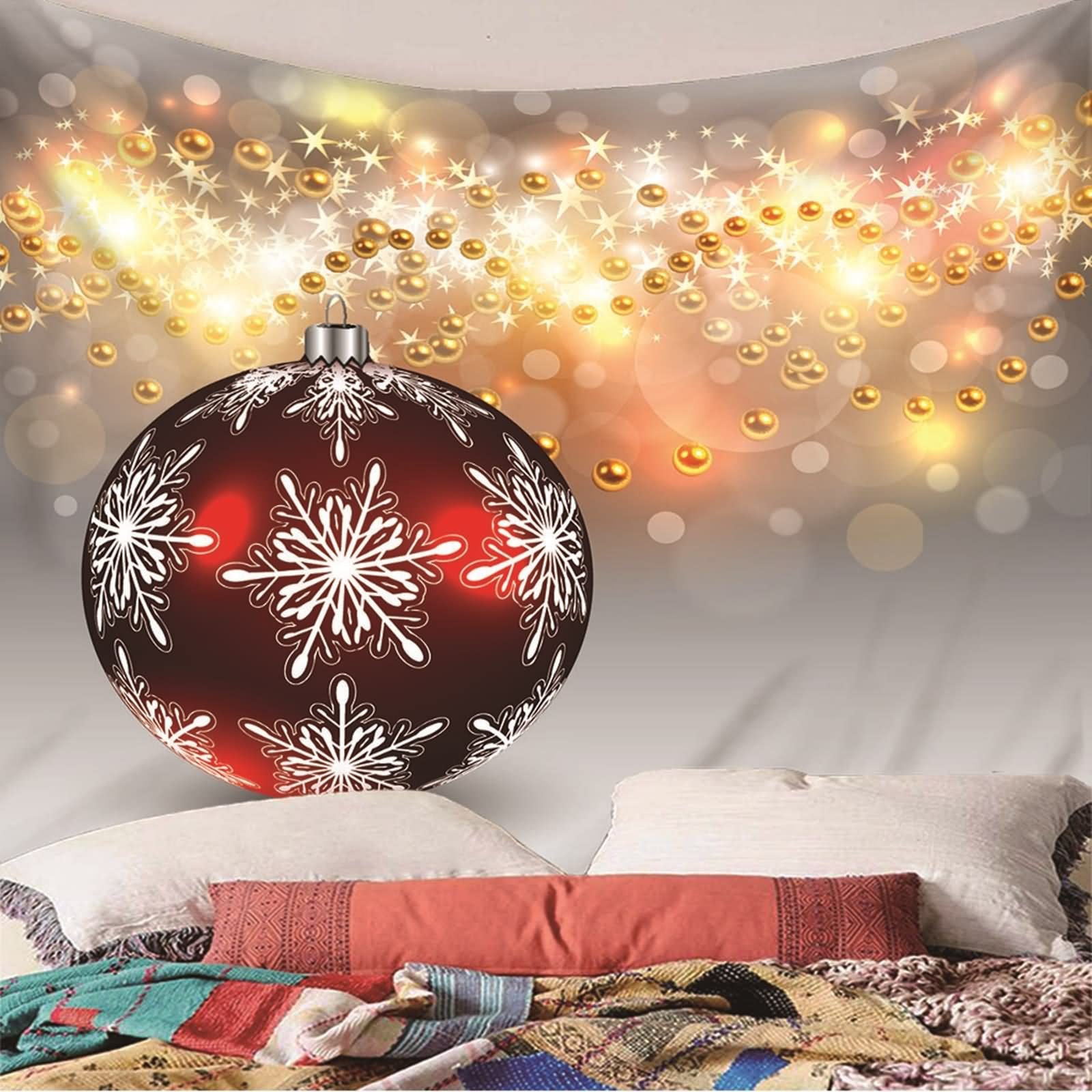 Tapices Colores, Tapiz Navideño Bola con Copo de Nieve con Estrellas Rojo Oro Blanco Gris Poliéster 240X220cm