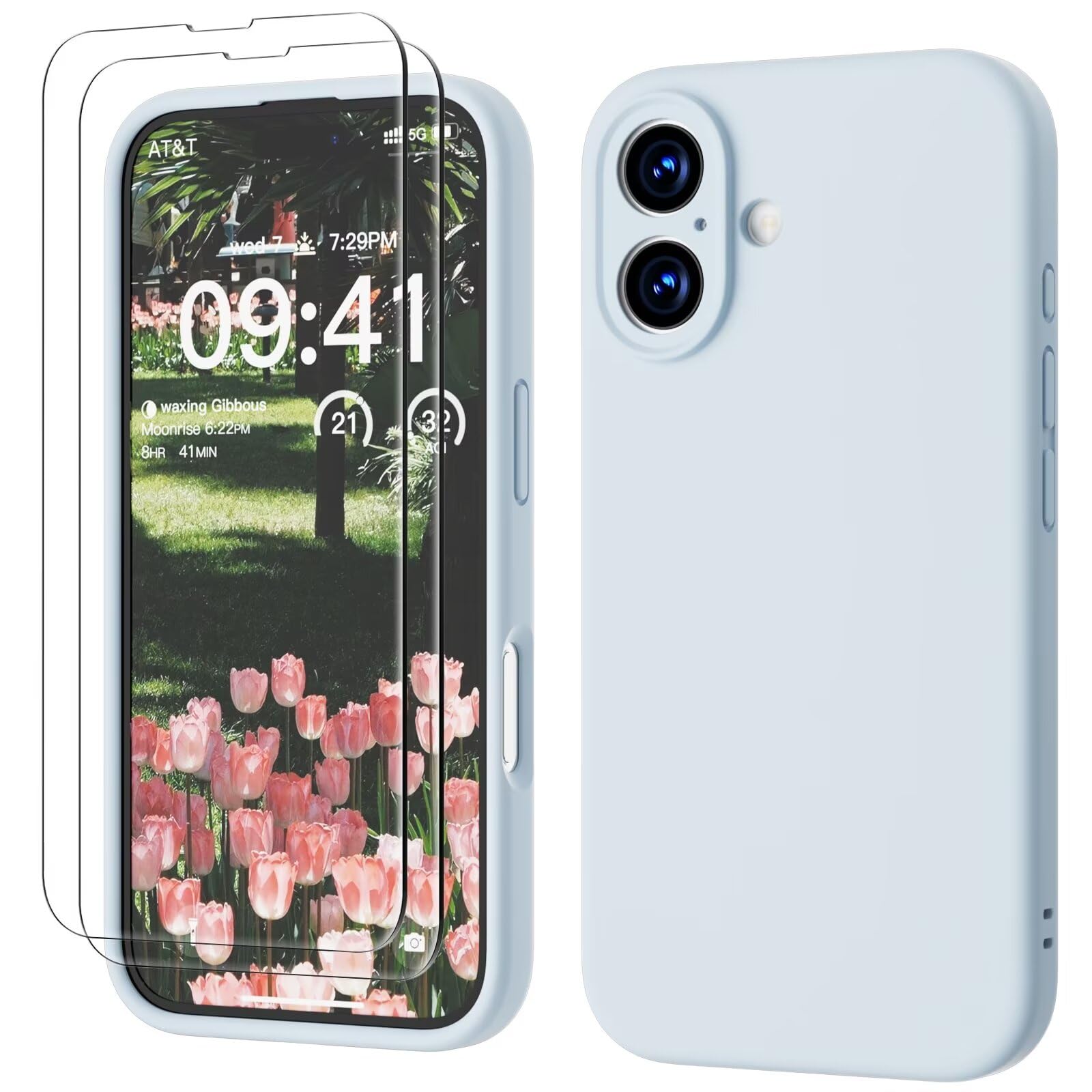 GOODVISH 3 in 1 Silicone Cover per iPhone 16 6.1", Custodia con 2 Pellicola Vetro Temperato [Protezione Fotocamera] 360° Protezione Anticaduta Case per Cellulare Antiurto Resistente, Cielo Blu