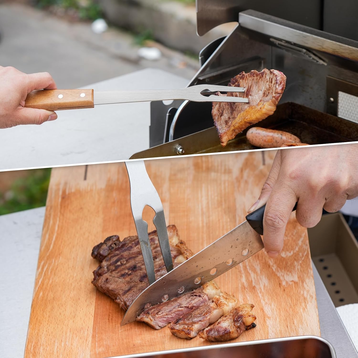 onlyfire 4PCS BBQ Tools, Stainless Steel Griddle Accessories for Outdoor Cooking Camping, Grilling Utensil Set Including Grill BBQ Spatulas, Barbecue Tong, Grill Fork and BBQ Brush