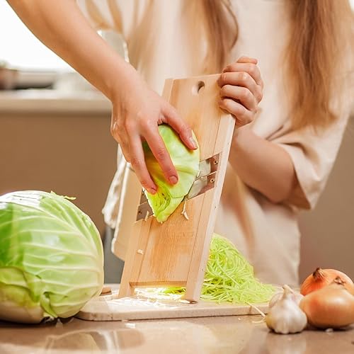 Miniatura 3 de Trituradora de repollo de madera (11.8 x 5.1 pulgadas) - Rallador para ensalada de col y chucrut - Cortadora de rebanadora de ensalada de col