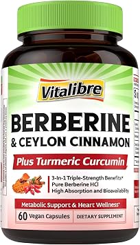 Vitalibre Berberine with Ceylon Cinnamon, Turmeric Root, Triple Strength, 97% High Potency Berberine HCl, Support Metabolism, Heart Health, Immune System, Vegan, 60 Capsules