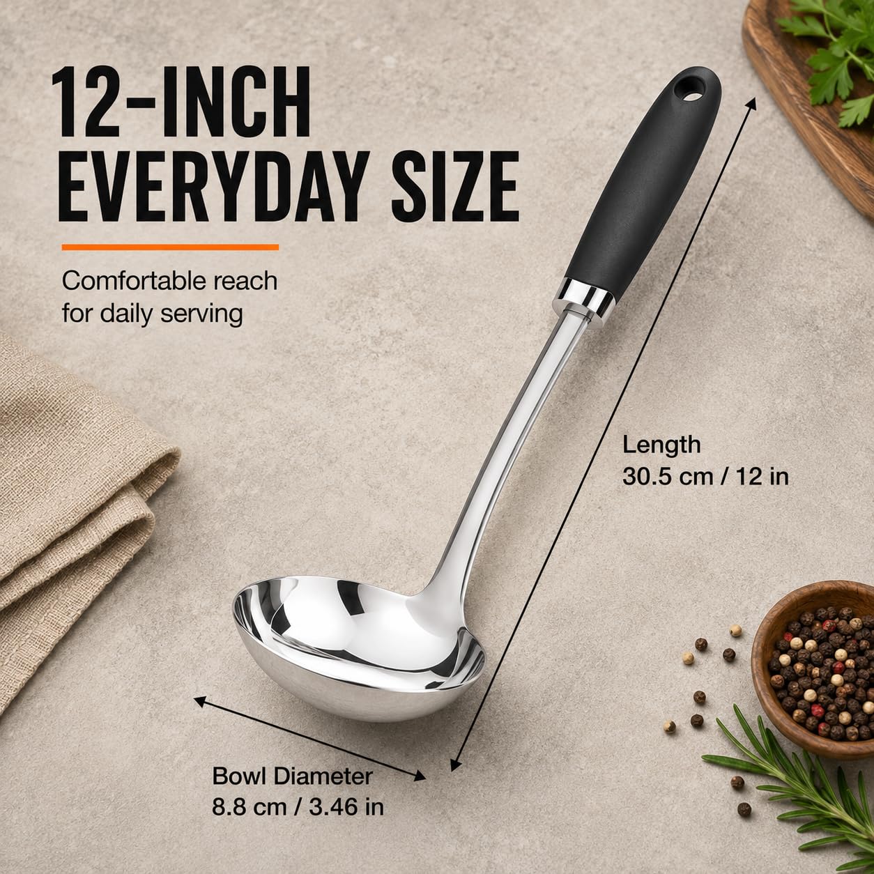 Cucharón de acero inoxidable cepillado con mango ergonómico antideslizante