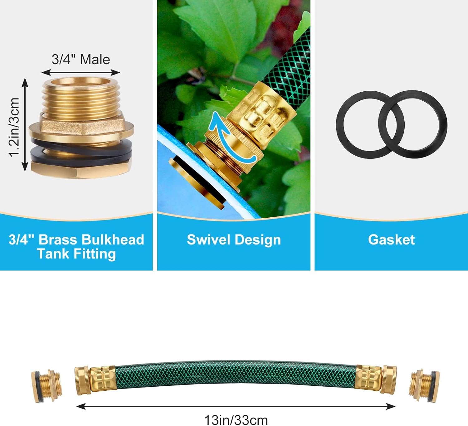 WADEO Rain Barrel Spigot - Brass Quarter Turn Ball Valve with Bulkhead Fitting, Two 12 Inch Hoses and Four Brass Fittings