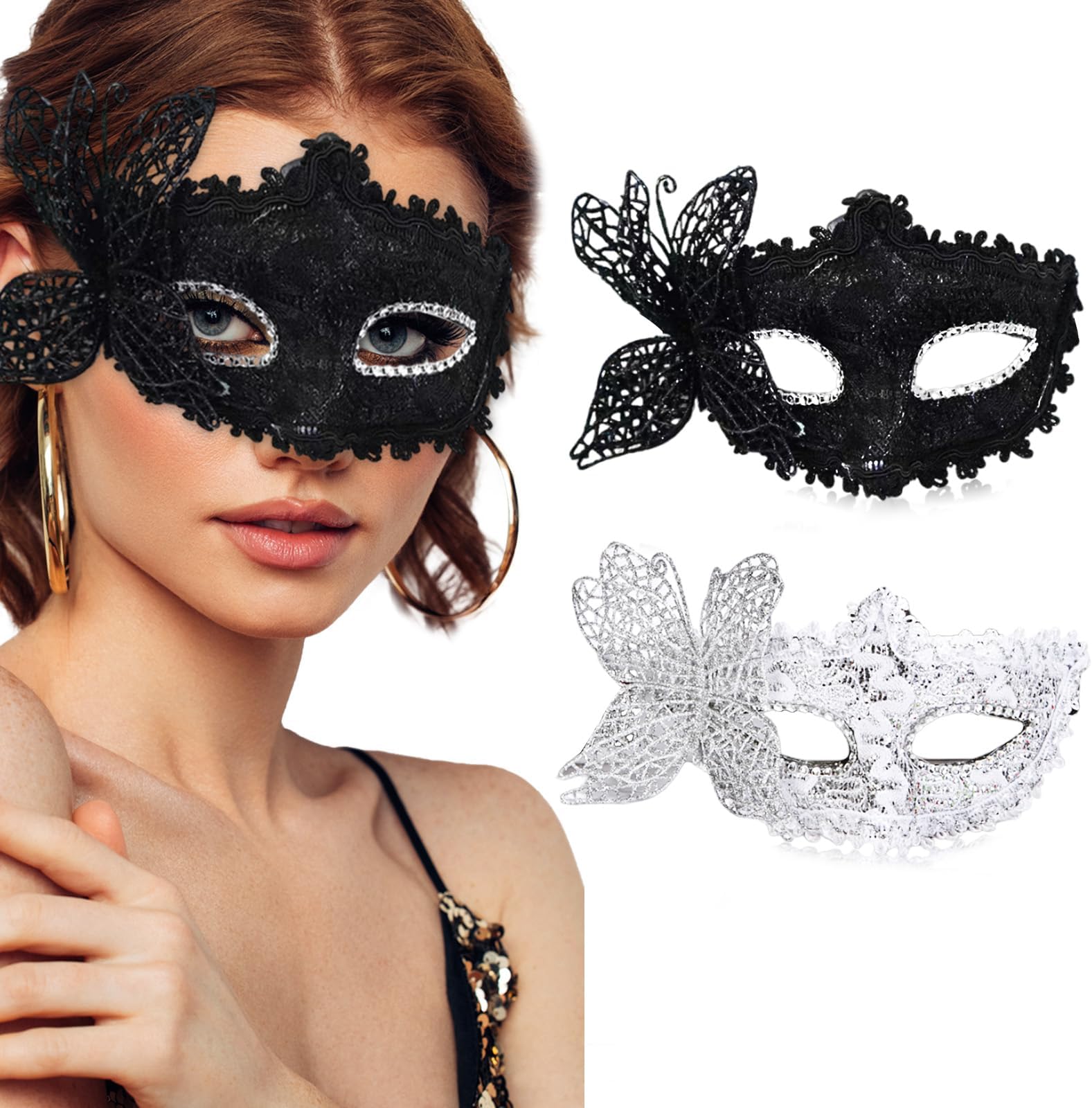 2 Pcs Black and White Masquerade Mask for Men and Women, Lace Eye Mask, Unisex Lace Masquerade Mask for Festival Gatherings-Unique Design with Side Butterfly Detail