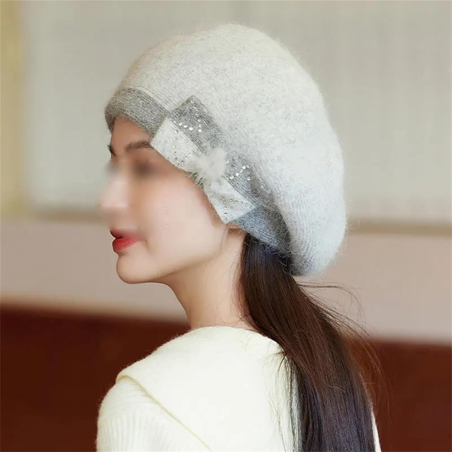 Women's Classic Bowknot Berets Girl's Winter Warm Double Layers Soft Knit Hat Soft Comfortable Outdoor Sports Caps