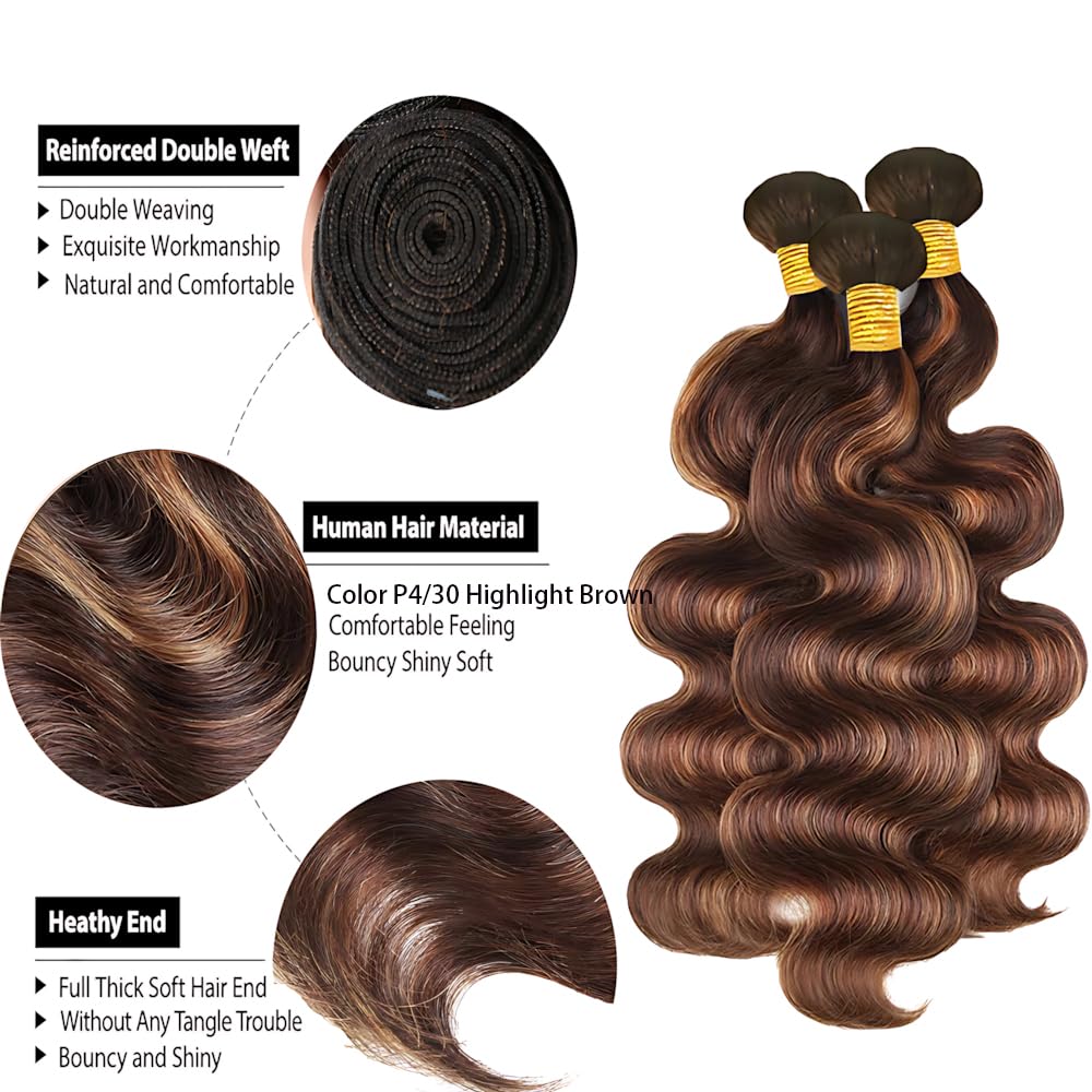 P430 Body Wave Bundles Highlight Body Wave Human Hair Bundles 16 18 20 Inch Chocolate Brown and Light Brown two tone Brazilian Human Hair Soft and Silky for Black Women